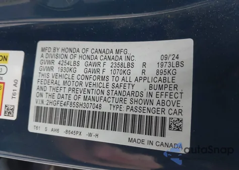 2025 Honda Civic Hybrid Sport/Sport Touring z USA, uszkodzony, nr VIN 2HGFE4F85SH307048